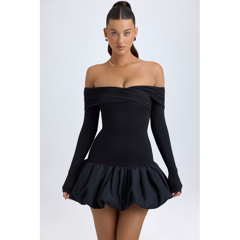Modal Off-Shoulder Bubble Hem Mini Dress in Black