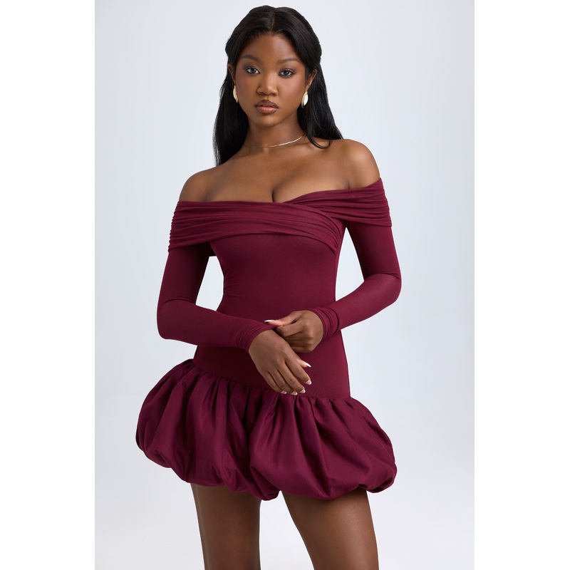 Modal Off-Shoulder Bubble Hem Mini Dress in Wine Red