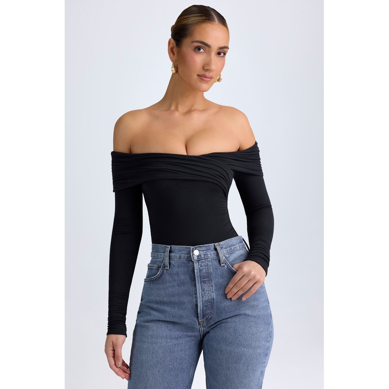 Modal Off-Shoulder Ruched Bodysuit in Black