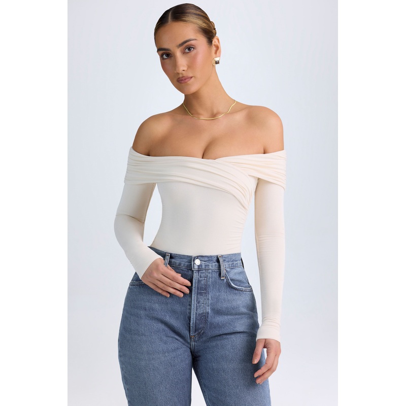 Modal Off-Shoulder Ruched Bodysuit in Ivory