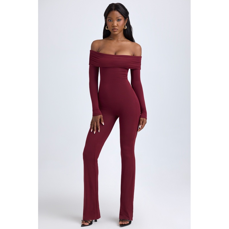 Modal Off-Shoulder Ruched Jumpsuit in Wine Red