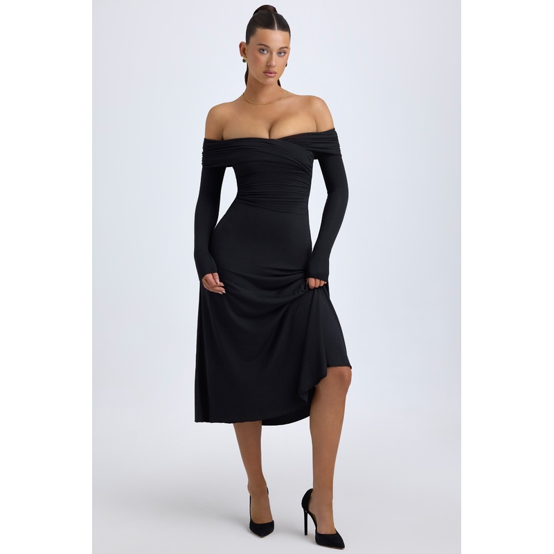 Modal Off-Shoulder Ruched Midaxi Dress in Black
