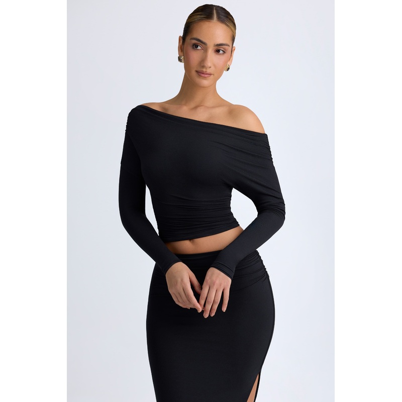 Modal One-Shoulder Ruched Top in Black