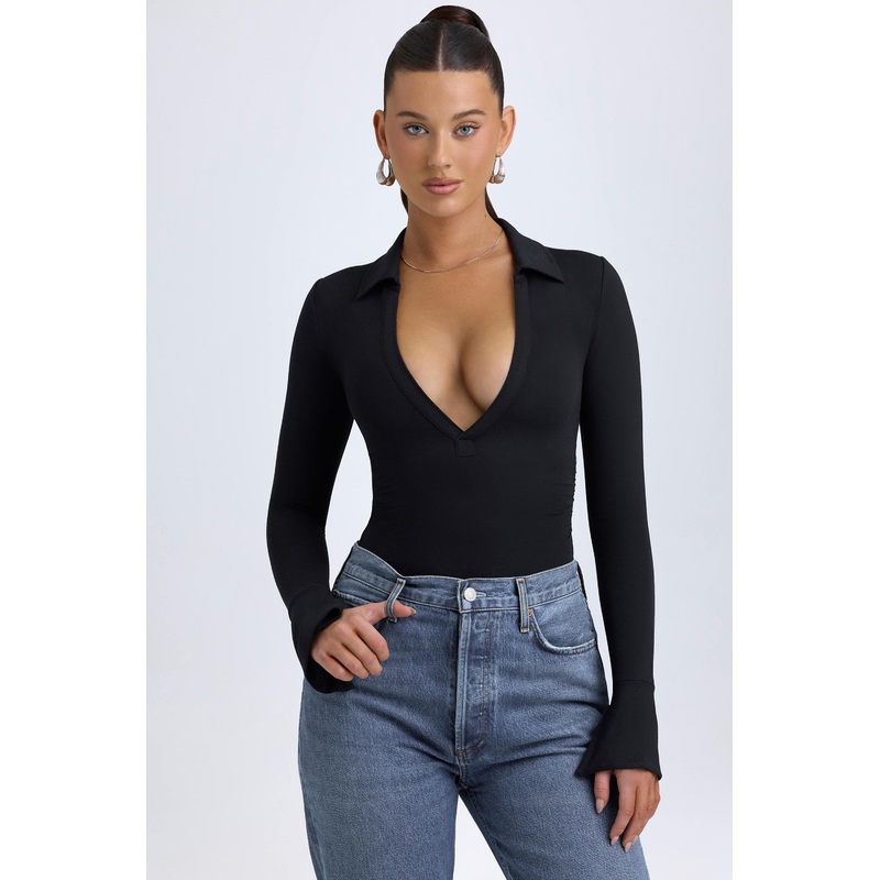 Modal Plunge V-Neck Bodysuit in Black