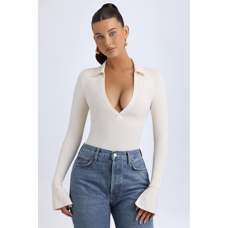 Modal Plunge V-Neck Bodysuit in Ivory