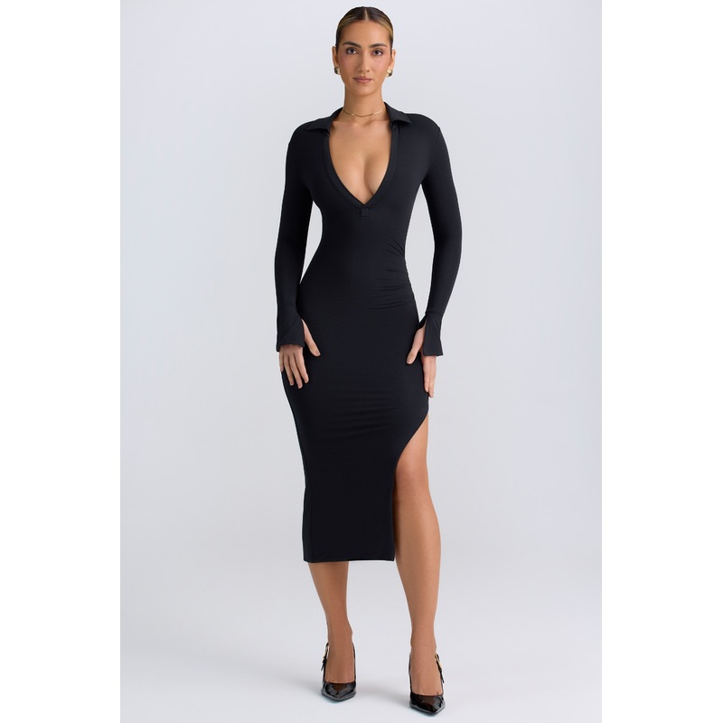 Modal Plunge V-Neck Midaxi Dress in Black