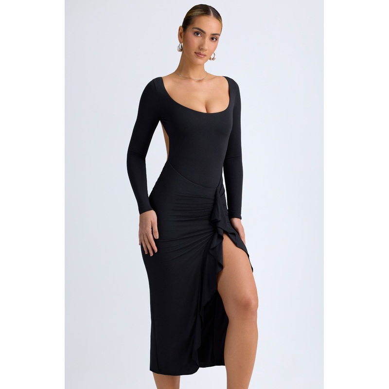 Modal Ruffled Midaxi Dress in Black