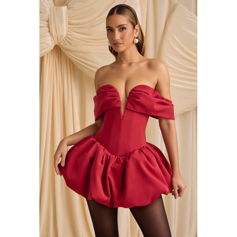 Off-Shoulder Layered Bubble Hem Corset Mini Dress in True Red