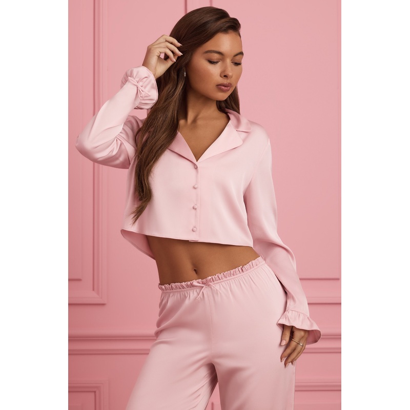 Ruffle-Trim Cropped Pyjama Top in Baby Pink