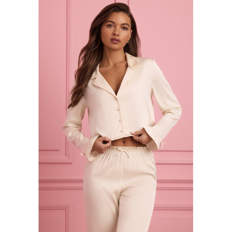 Ruffle-Trim Cropped Pyjama Top in Ivory