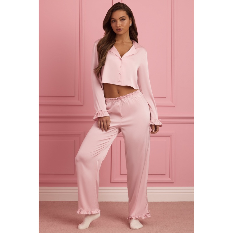 Ruffle-Trim Mid-Rise Pyjama Trousers in Baby Pink