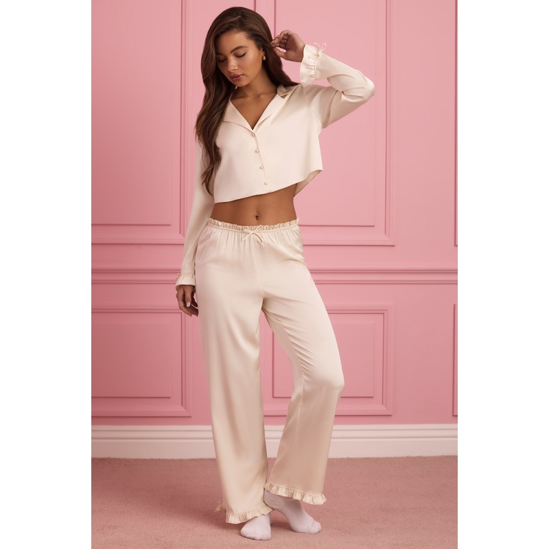 Ruffle-Trim Mid-Rise Pyjama Trousers in Ivory