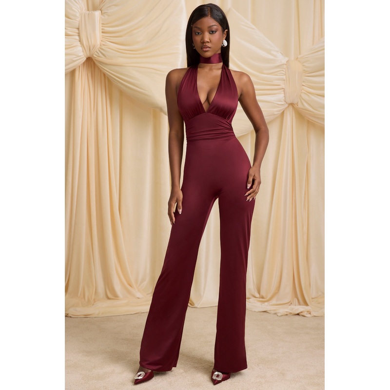 Scarf-Detail Halterneck Jumpsuit in Wine Red