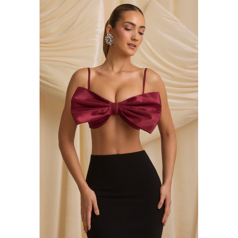 Strapless Bow Crop Top in Wine Red