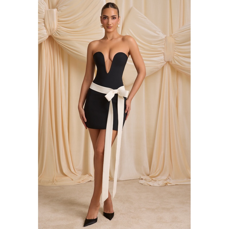 Strapless Bow-Detail A-Line Mini Dress in Black