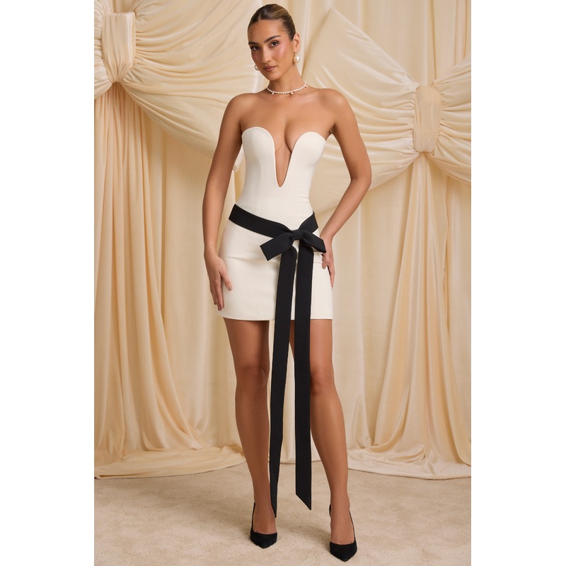 Strapless Bow-Detail A-Line Mini Dress in Ivory