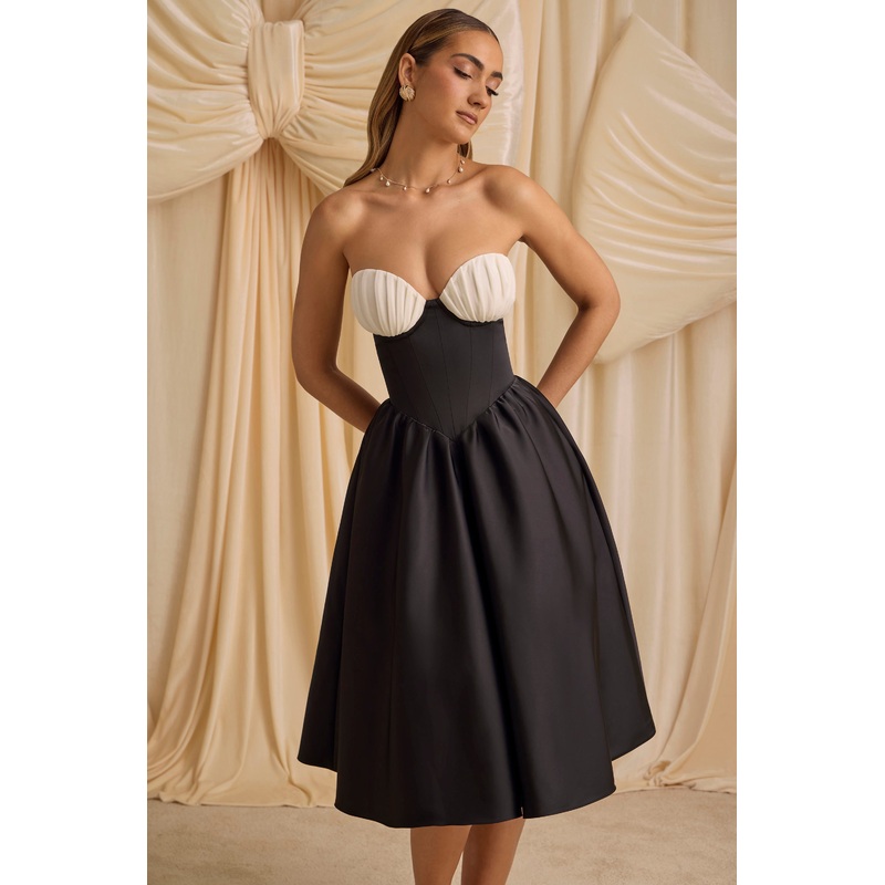 Strapless Corset Midi Dress in Black