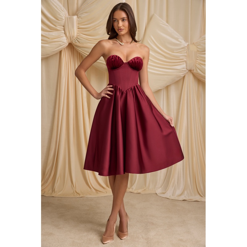 Strapless Corset Midi Dress in Wine Red