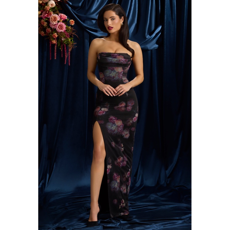 Bandeau Cowl-Neck Maxi Dress in Black Floral Print