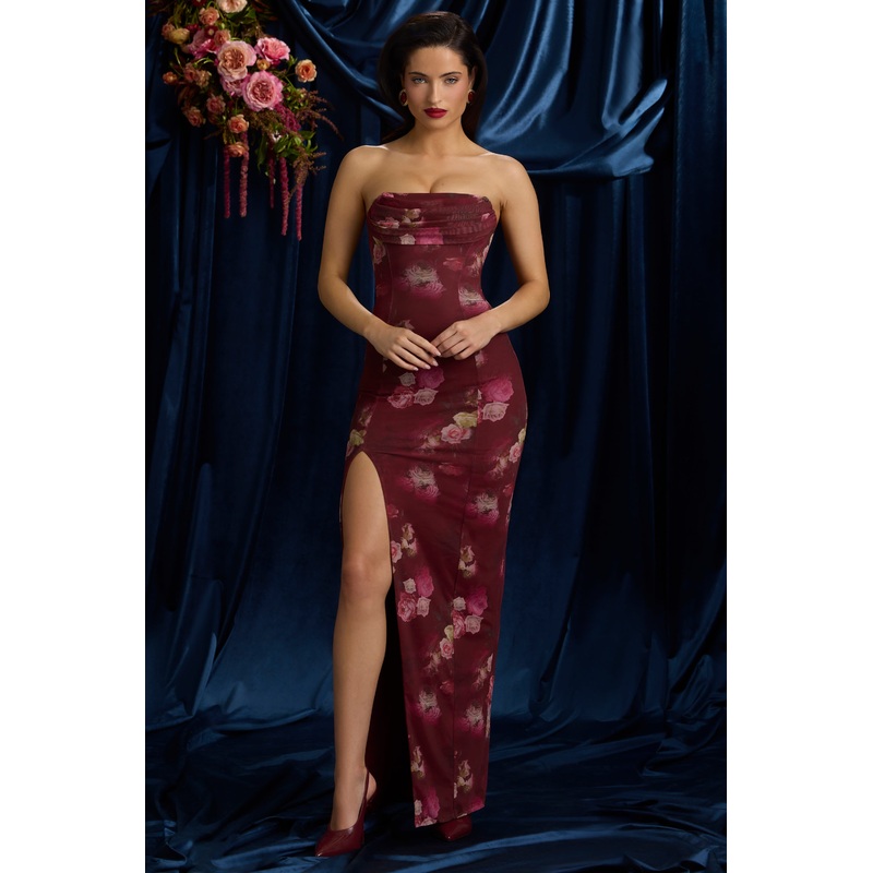 Bandeau Cowl-Neck Maxi Dress in Maroon Floral Print