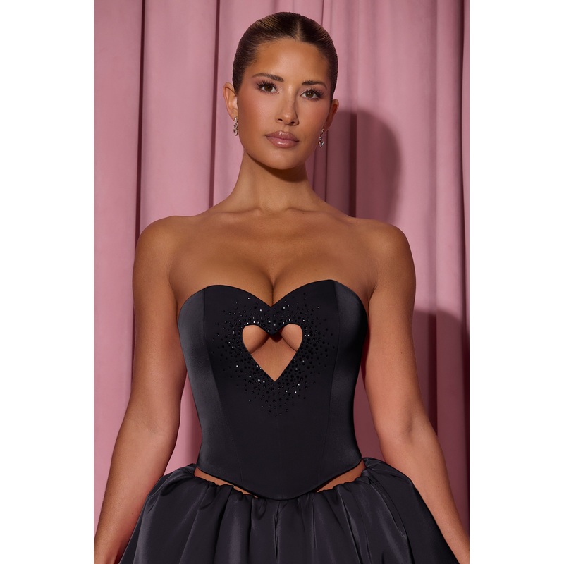 Embellished Heart Cut-Out Strapless Corset Top in Black