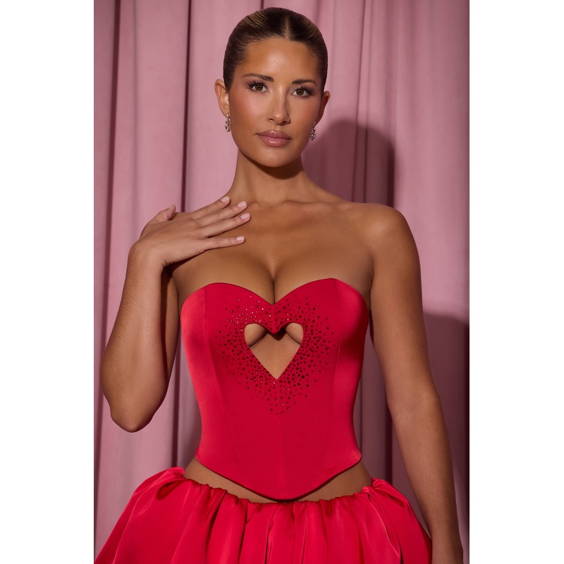 Embellished Heart Cut-Out Strapless Corset Top in Red