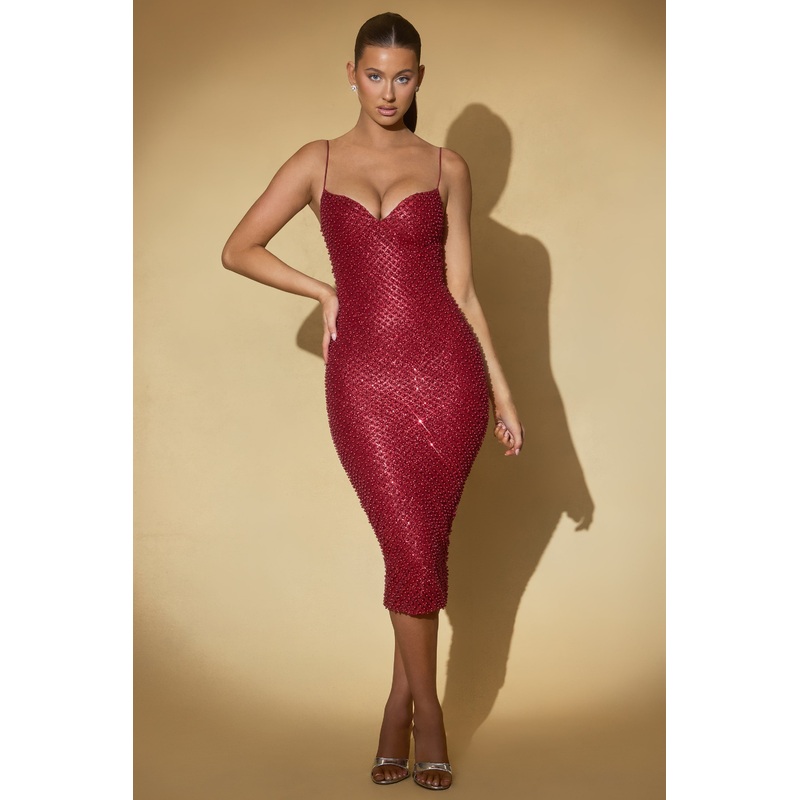 Embellished Sweetheart-Neck Midi Dress in Red