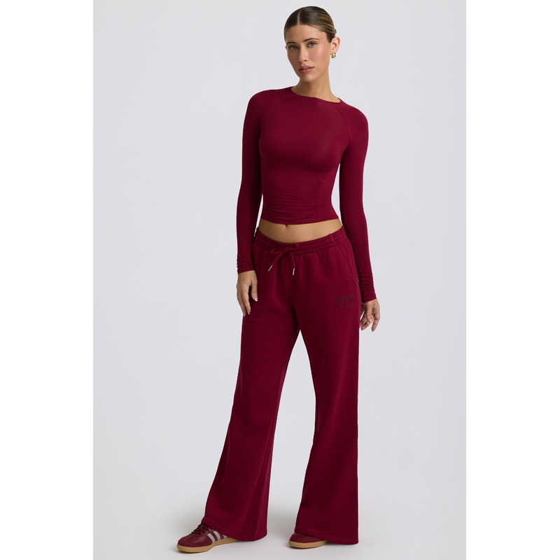 Low-Rise Wide-Leg Joggers in Burgundy