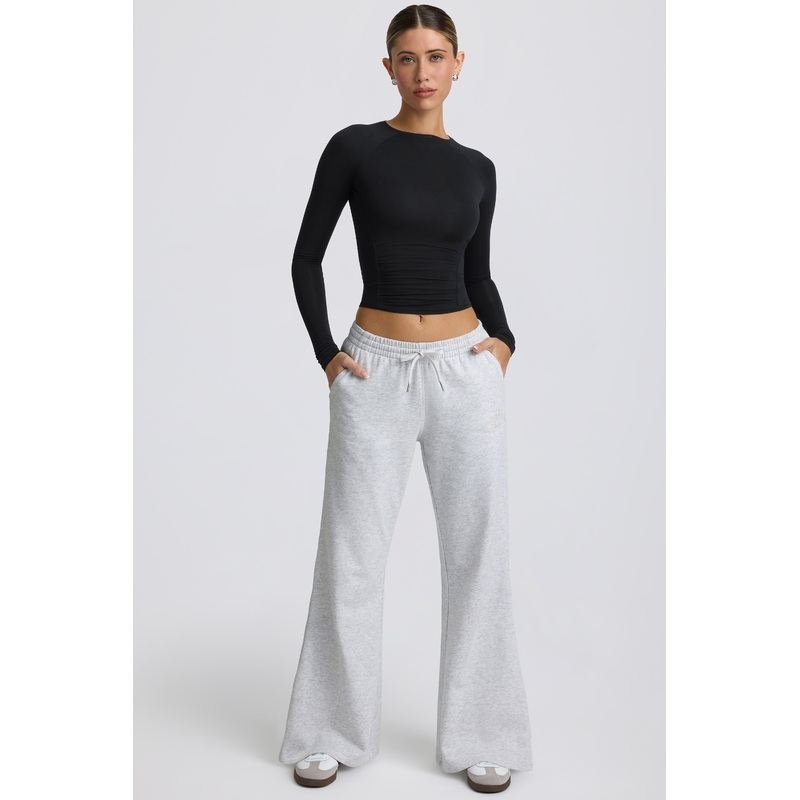 Low-Rise Wide-Leg Joggers in Grey Marl