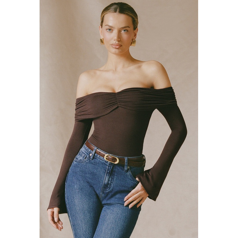Modal-Cashmere Blend Off-Shoulder Ruched Top in Espresso