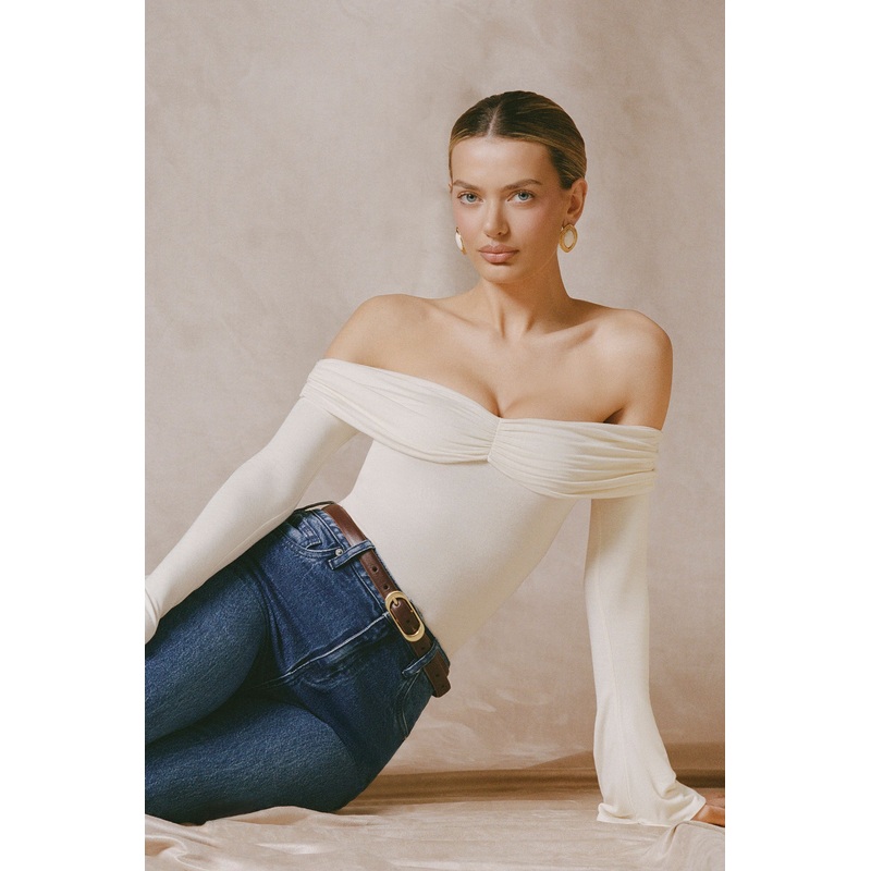 Modal-Cashmere Blend Off-Shoulder Ruched Top in Ivory