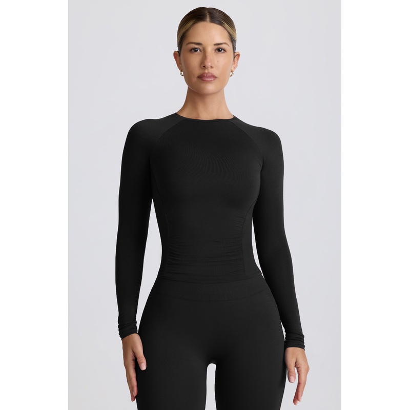 Modal Ruched Long-Sleeve Top in Black