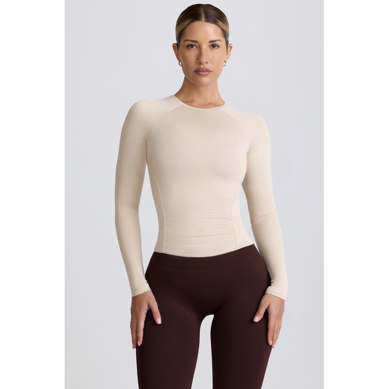 Modal Ruched Long-Sleeve Top in Bone