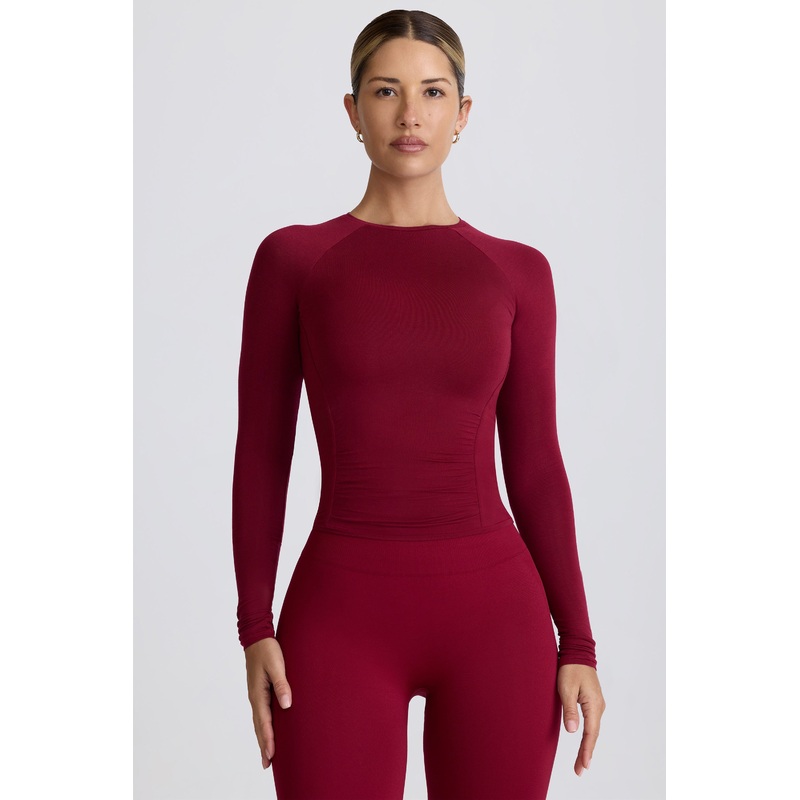 Modal Ruched Long-Sleeve Top in Burgundy