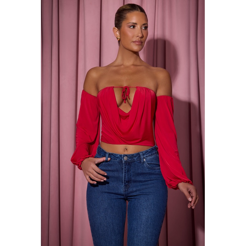 Off-Shoulder Draped Balloon-Sleeve Top in Red