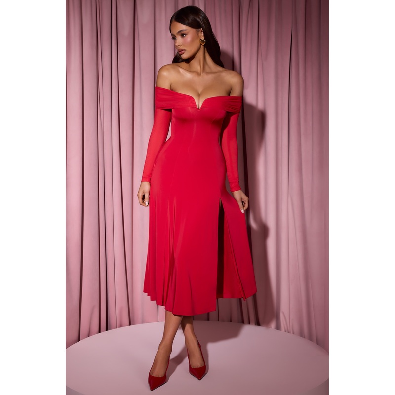 Off-Shoulder Lace-Up A-Line Midaxi Dress in Red