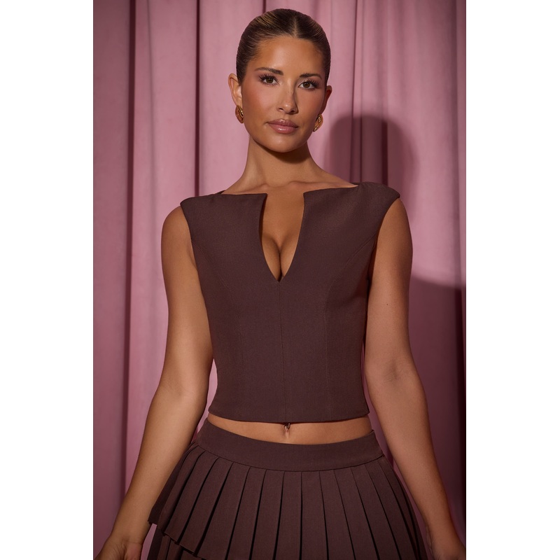 Open-Front Crop Top in Chocolate Brown