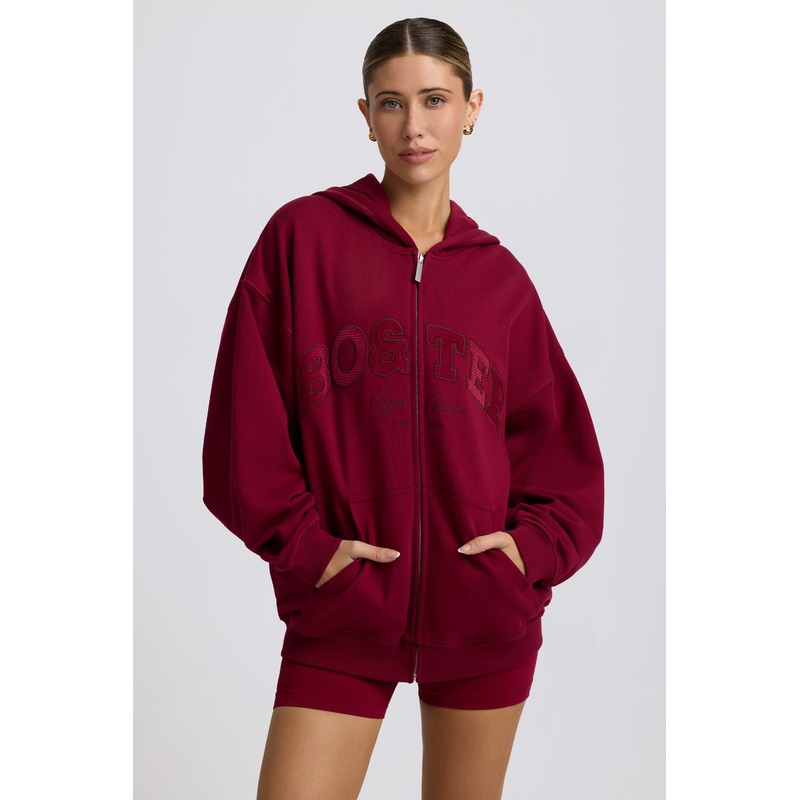 Oversized Zip-Up Hoodie in Burgundy