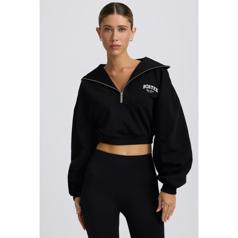 Quarter-Zip Cropped Sweatshirt in Black