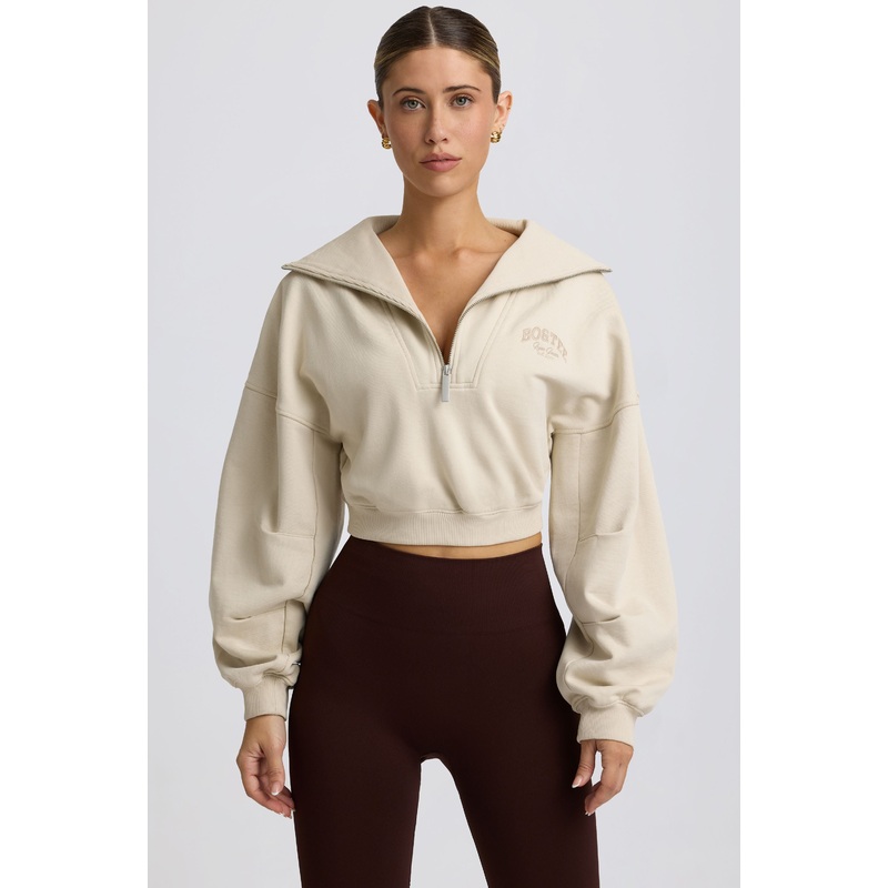 Quarter-Zip Cropped Sweatshirt in Bone