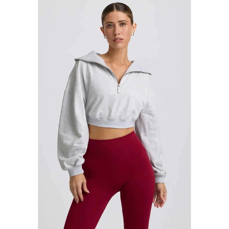 Quarter-Zip Cropped Sweatshirt in Grey Marl