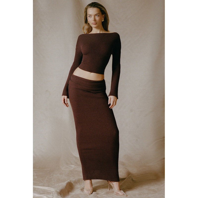 Ribbed-Knit Foldover Maxi Skirt in Espresso
