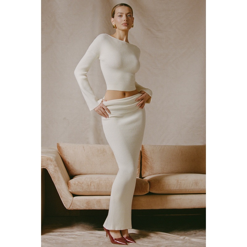 Ribbed-Knit Foldover Maxi Skirt in Ivory