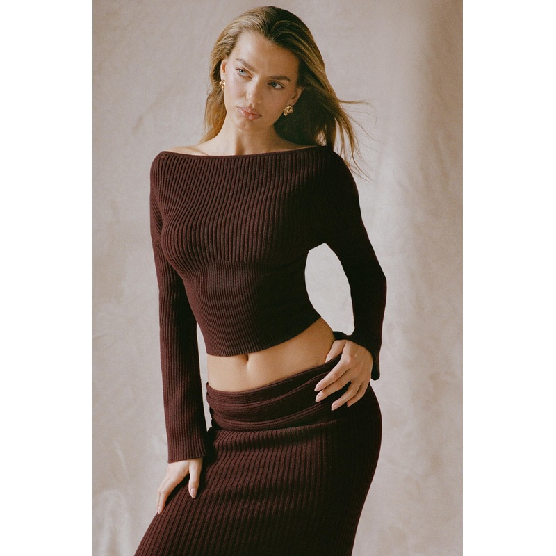 Ribbed-Knit Slash-Neck Top in Espresso