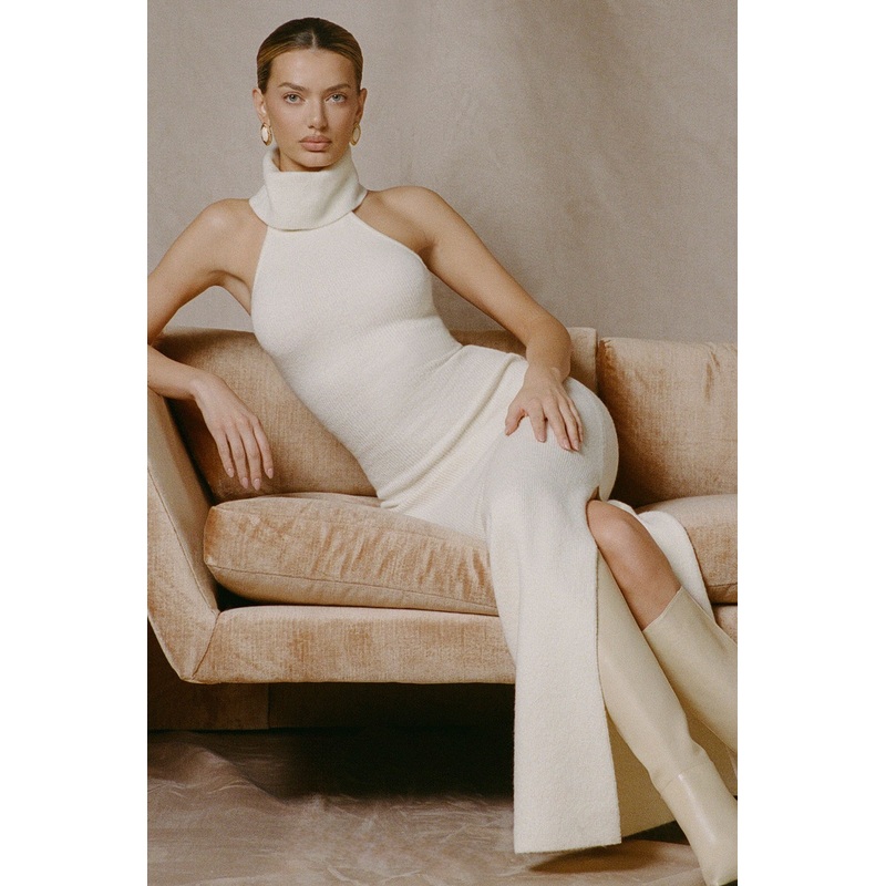 Ribbed-Knit Turtleneck Backless Maxi Dress in Ivory