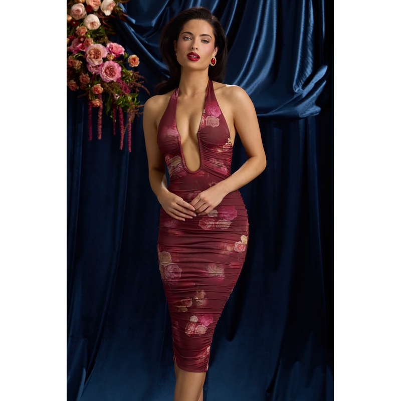 Ruched Plunge Halterneck Midi Dress in Maroon Floral Print