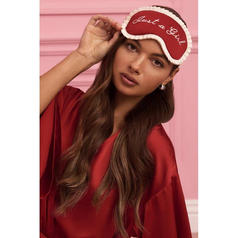 Ruffle-Trim Embroidered Eye Mask in Ruby Red