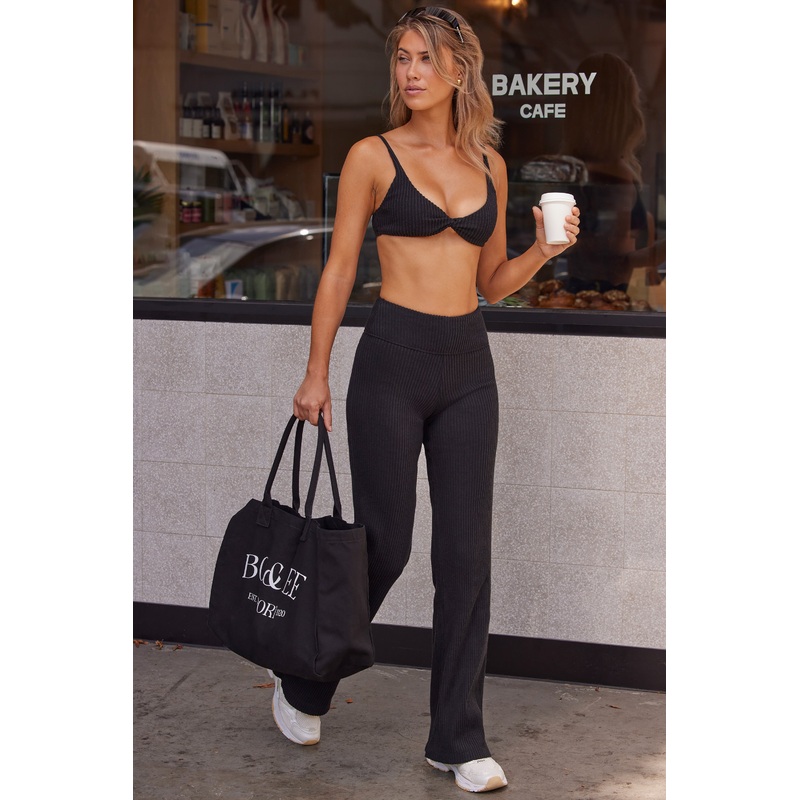 Soft Rib High Waist Fold Over Trousers in Black