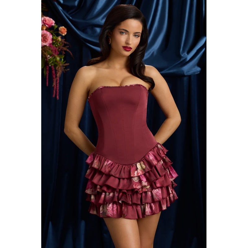 Strapless Ruffled Tiered Corset Mini Dress in Maroon Floral Print