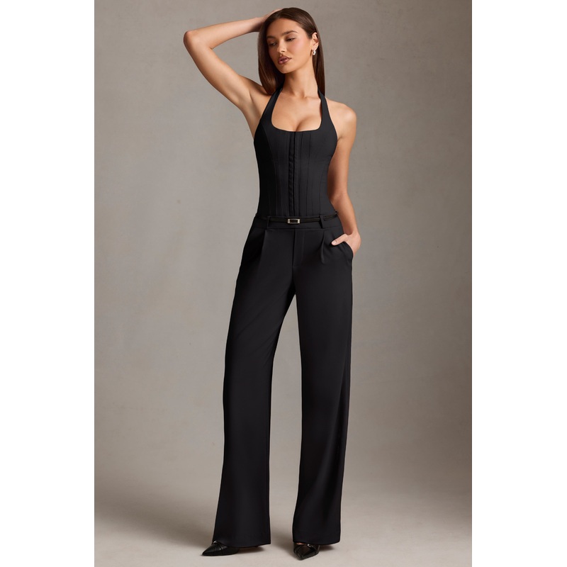 Corset-Detail Halterneck Jumpsuit in Black